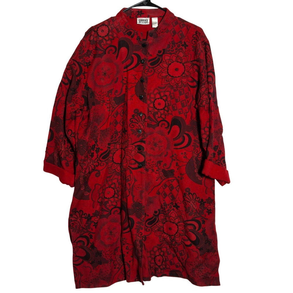 Chicos Floral Beaded Button Front Longline Jacket 3 L XL Jacquard Tapestry Long